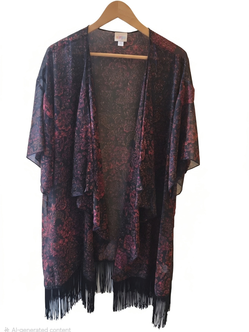 LuLaRoe Lightweight Sheer Floral Fringe Kimono Coverup - Black & Burgundy - L